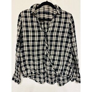 Madewell Plaid Long Sleeves Wrap Top Blouse Black White Size Medium‎ High Low